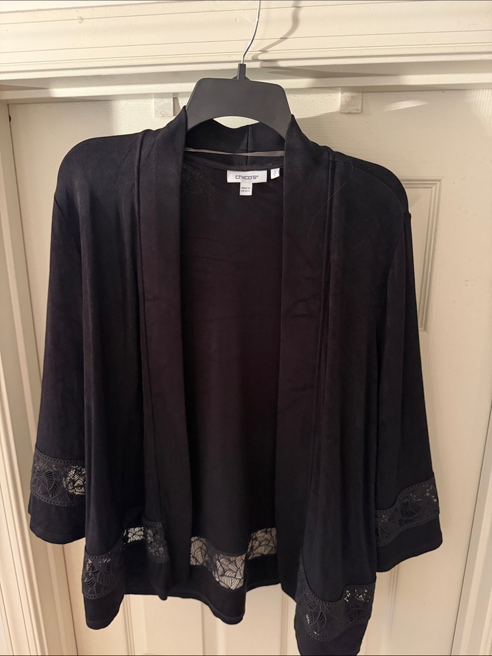 Chico's Black Open-Front Cardigan with Lace Insets